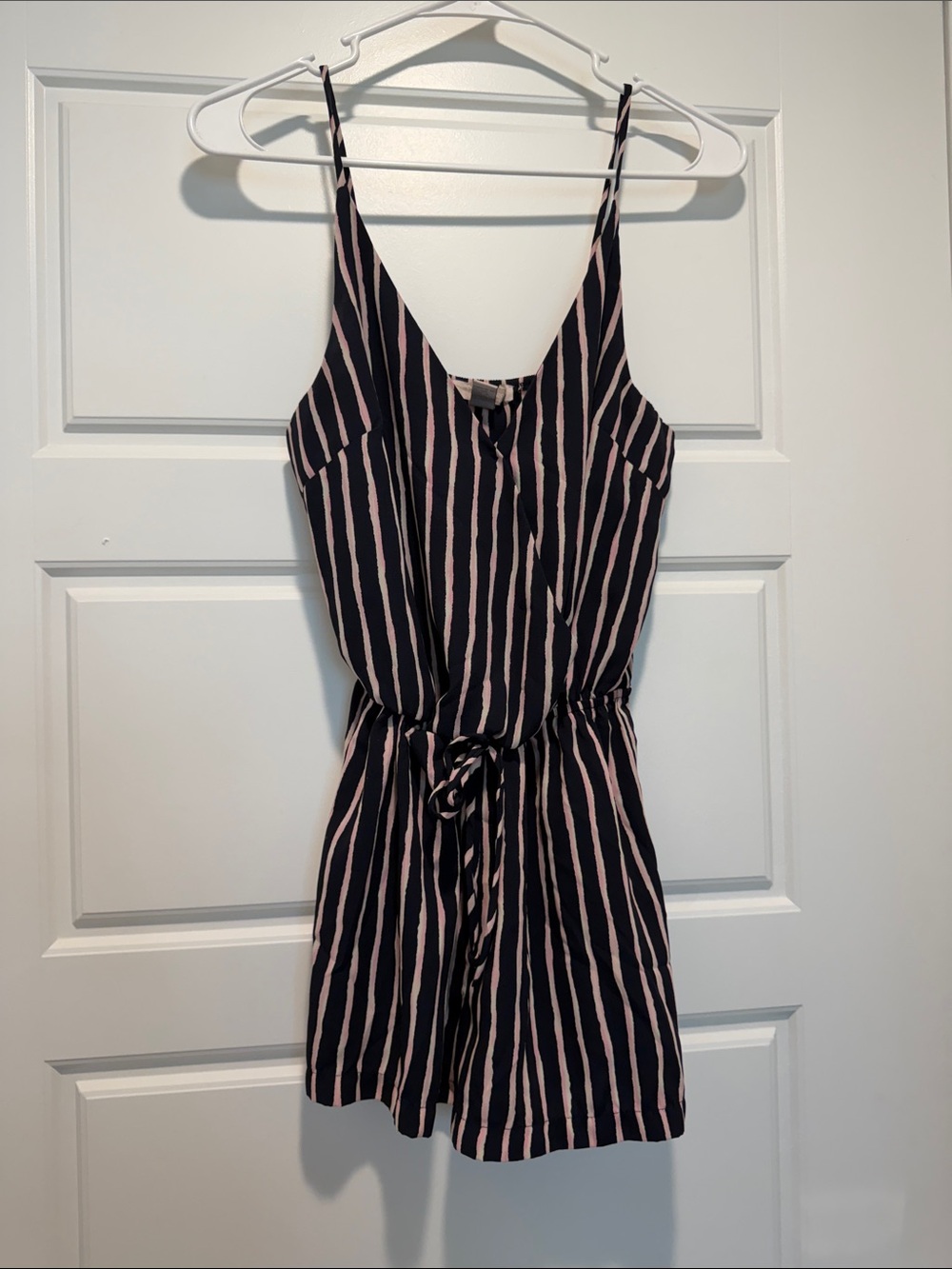 Forever 21 Black and Light Pink Striped Spaghetti-Strap Romper